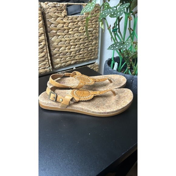 Ugg Ayden slingback medallion tan leather cork‎ casual T thong sandals size 9 - Picture 5 of 9